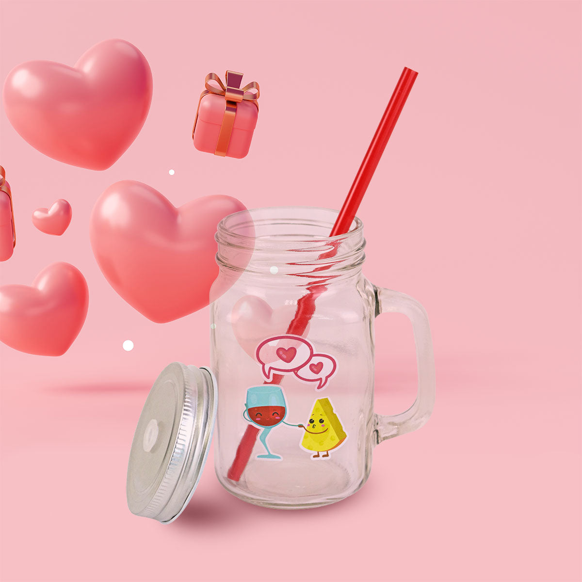 Tarro de Vidrio Mason Jar Decorado de San Valentín con Tapa y Popote