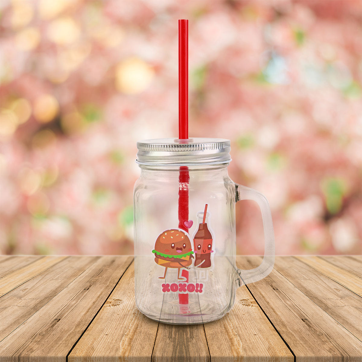 Tarro de Vidrio Mason Jar Food Love con Tapa y Popote