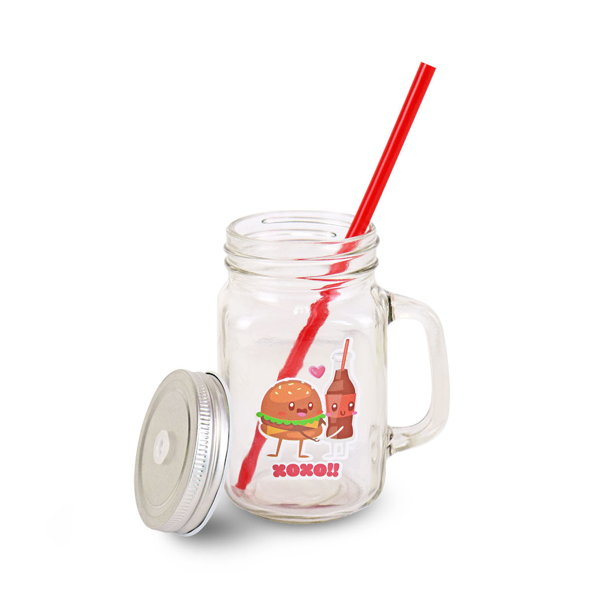 Tarro de Vidrio Mason Jar Food Love con Tapa y Popote