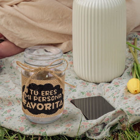 Tarro de Vidrio Mason Jar Decorado con Yute