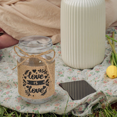 Tarro de Vidrio Mason Jar Love Decorado con Yute