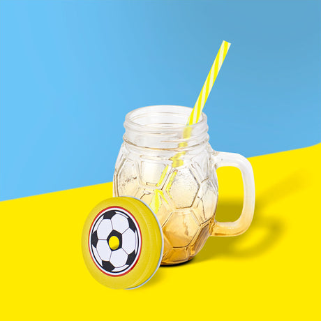 Tarro de Vidrio Decorado Futbol color Amarillo 12oz. Día del Padre.