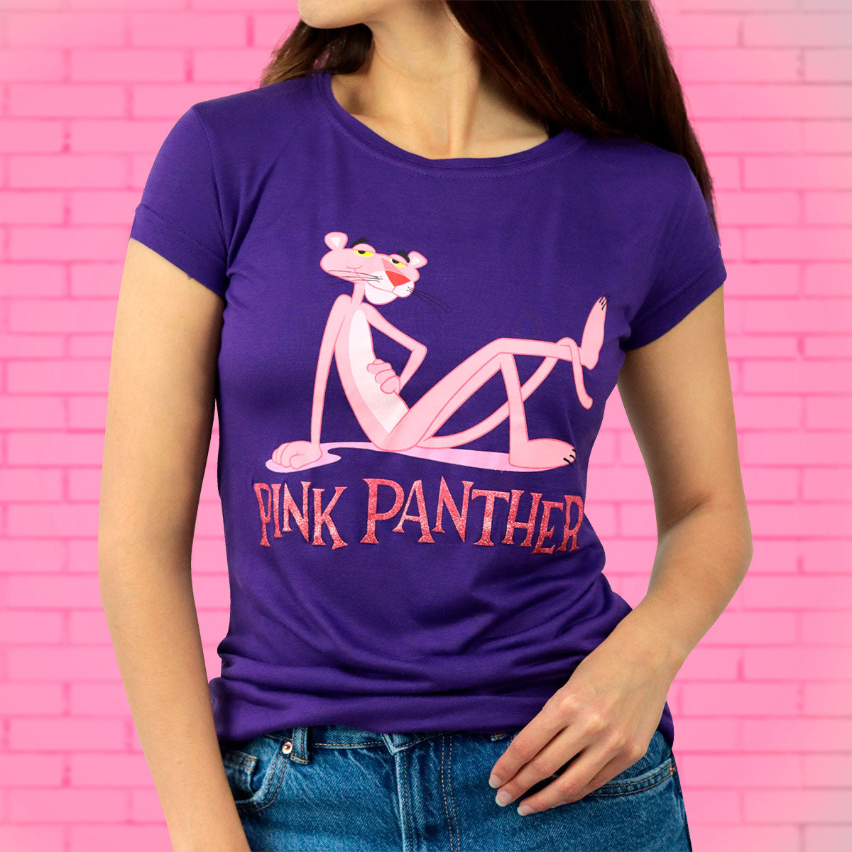 Playera Básica para Dama Estampado de Pantera Rosa, Morado