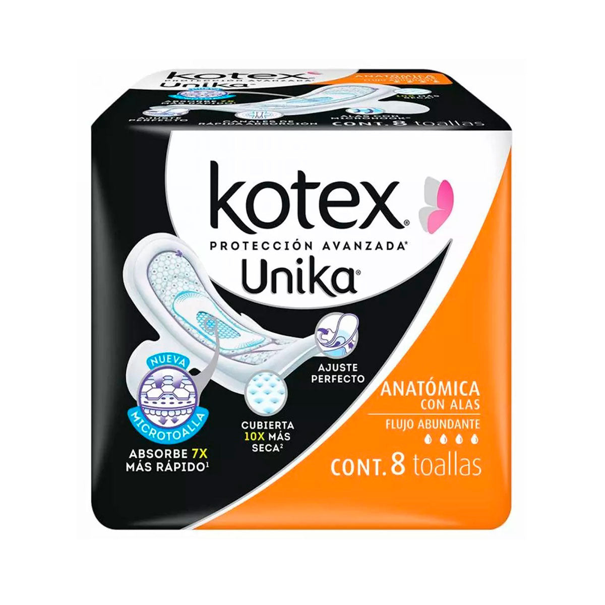 Toallas Femeninas Kotex Unika Anatómica Flujo Abundante con Alas 8 pzas.