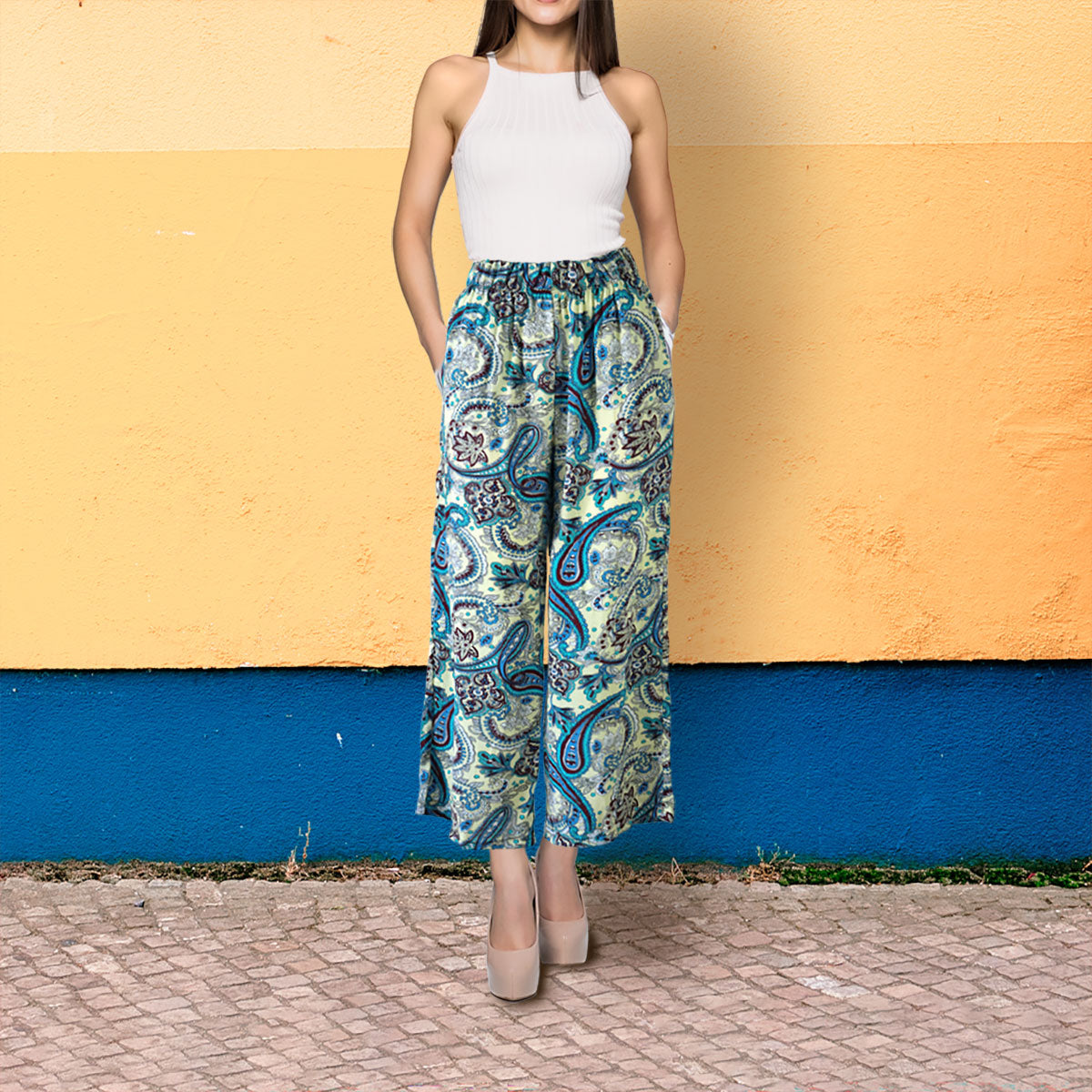 Pantalón Casual para Dama, Azul con Beige