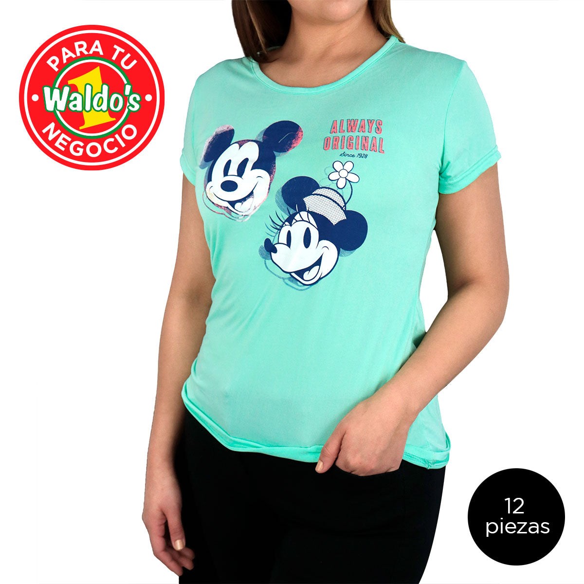 Mayoreo Playera Disney de Minnie y Mickey Mouse, Color Esmeralda (12 Piezas)