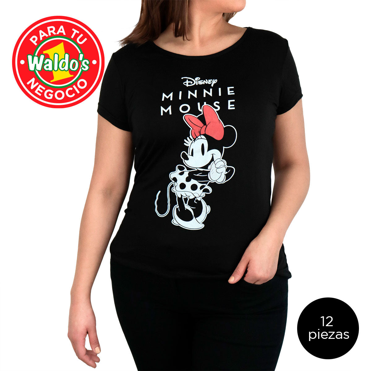 Mayoreo Playera Disney de Minnie Mouse, Color Negro (12 Piezas)