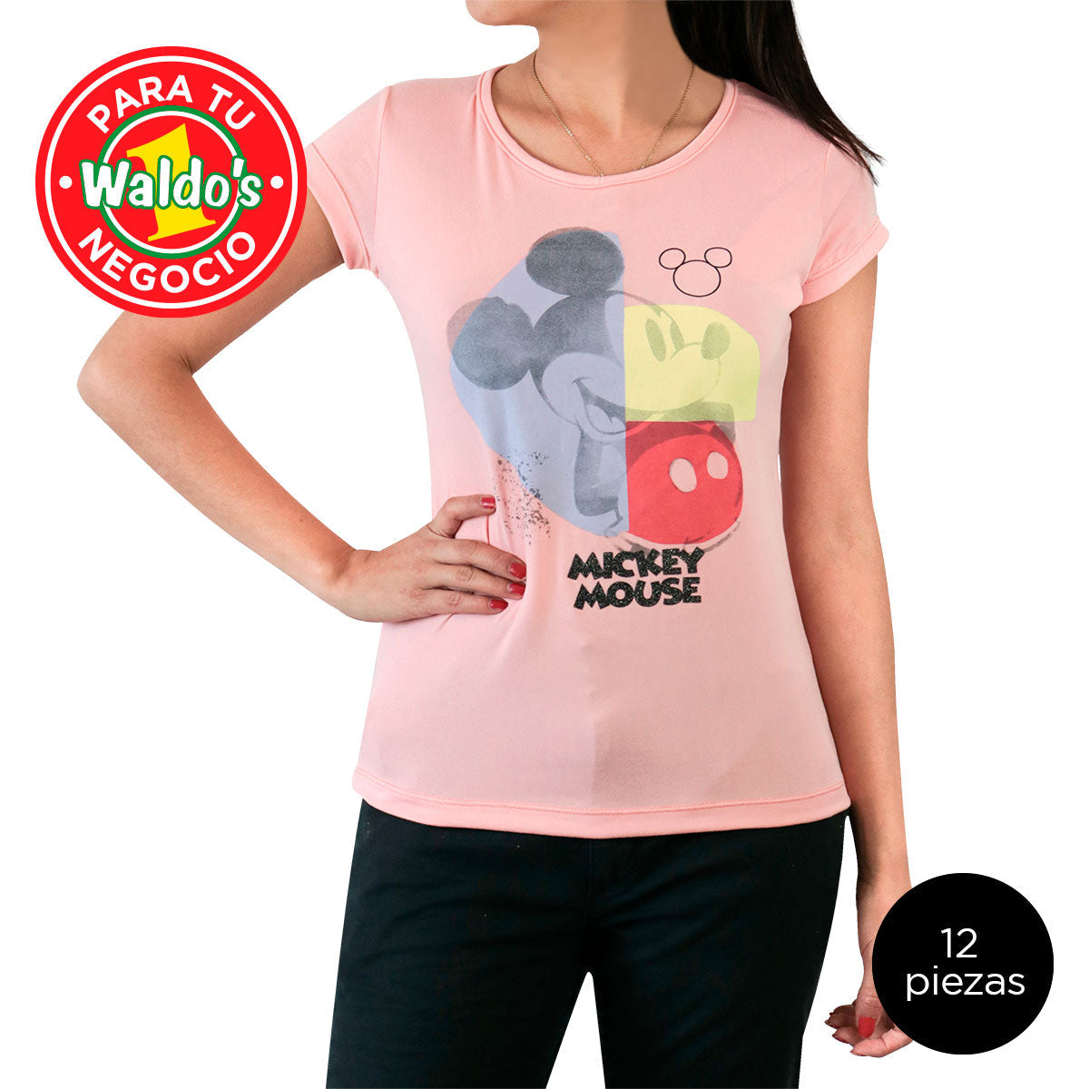 Mayoreo Playera Disney de Mickey Mouse, Color Rosa (12 Piezas)