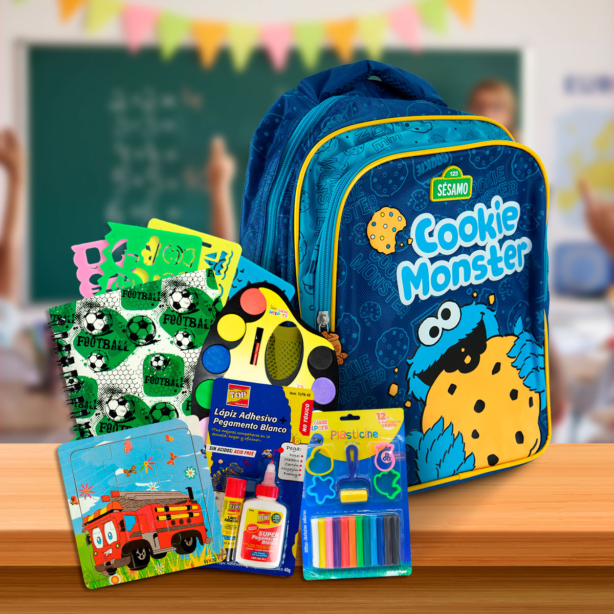 Paquete Escolar para Niños de Kinder con Mochila, Libreta, Acuarelas, Pegamento, Plastilina, Rompecabezas, 10 Piezas