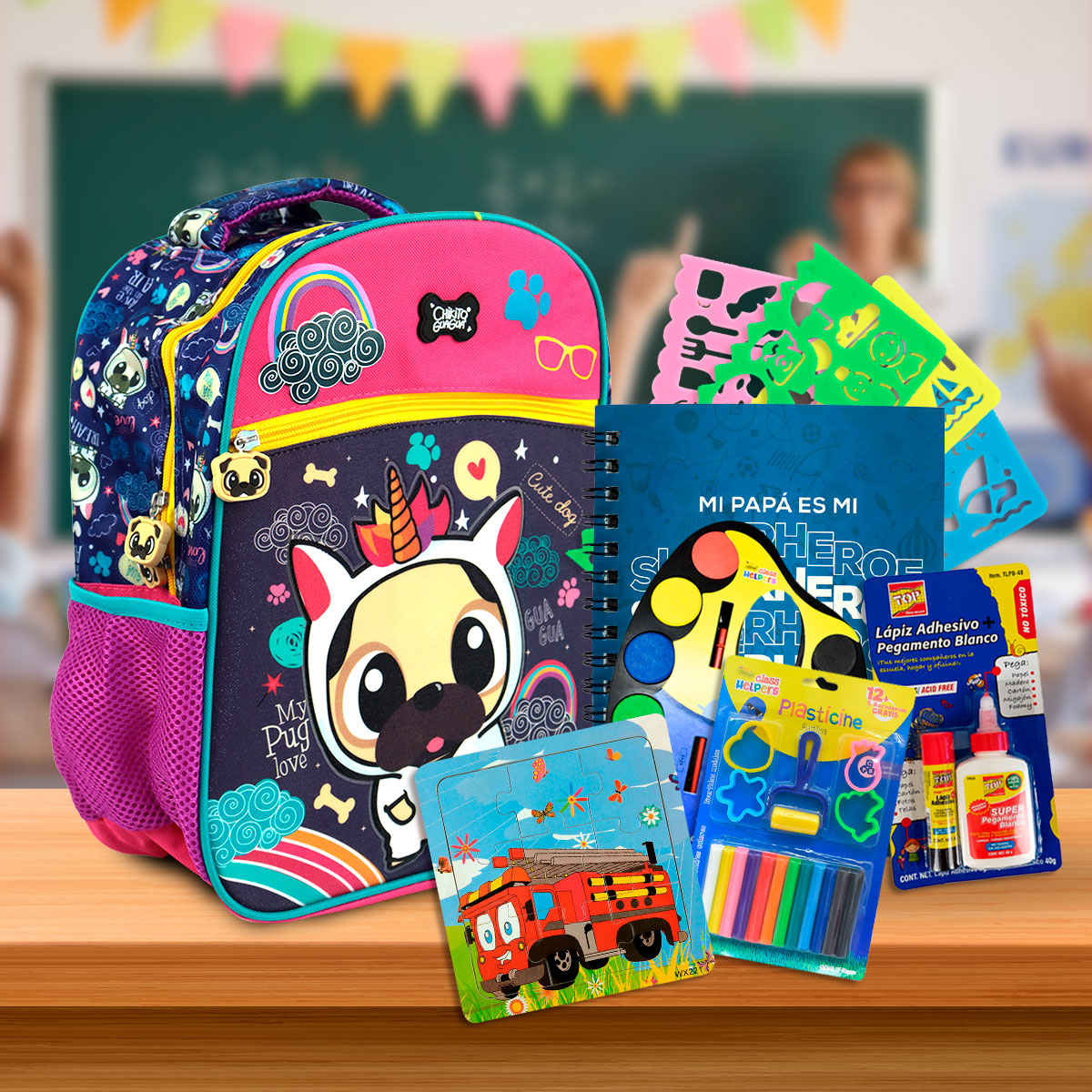 Paquete Escolar para Niñas de Kinder con Mochila, Libreta, Acuarelas, Pegamento, Plastilina, Rompecabezas, 10 Piezas